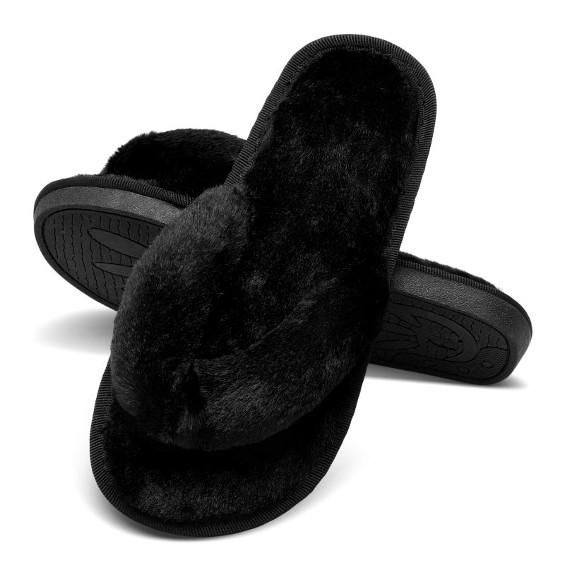 JOINFREE Women's Furry Home Slippers Soft Plush Spa Indoor Flip-Flop Shoes Black 9.5-10.5 M US - Image 5